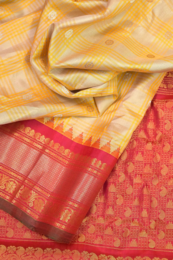 Beige and Yellow Color Dual Tone Pure Gadwal Silk Saree with Allover Silver and Golden Zari Work