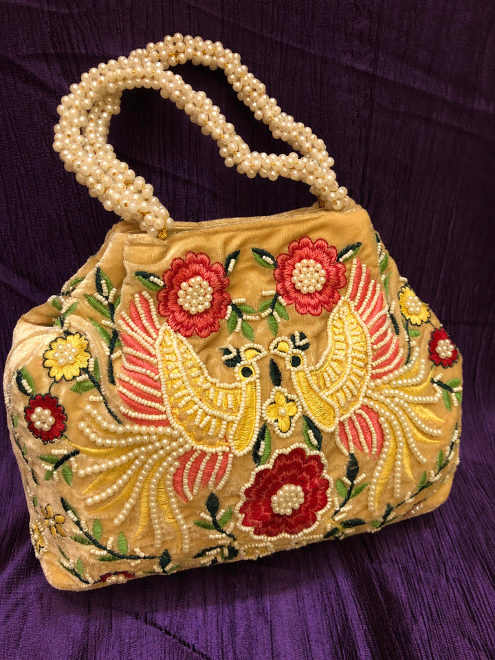 Beige Color Clutch Bag with Parsi Embroidery & Pearl Work