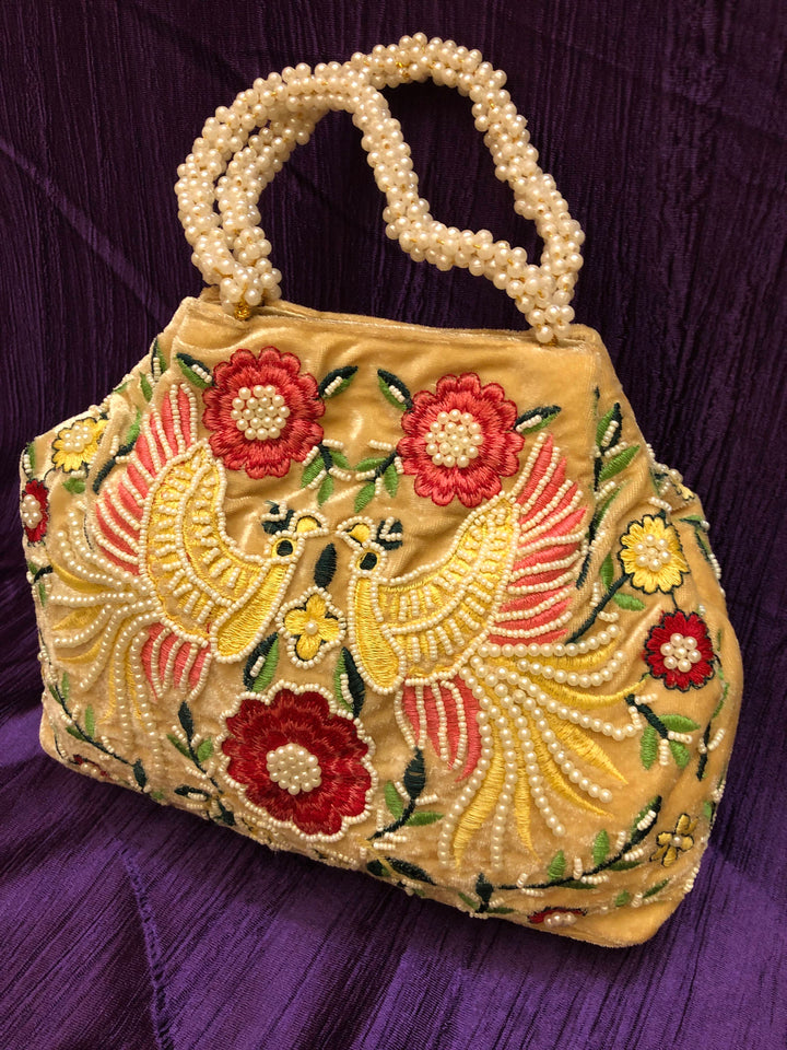 Beige Color Clutch Bag with Parsi Embroidery & Pearl Work