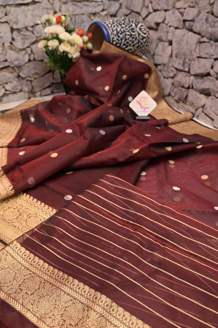 Belgian Chocolate Color Kora Organza Banarasi Saree