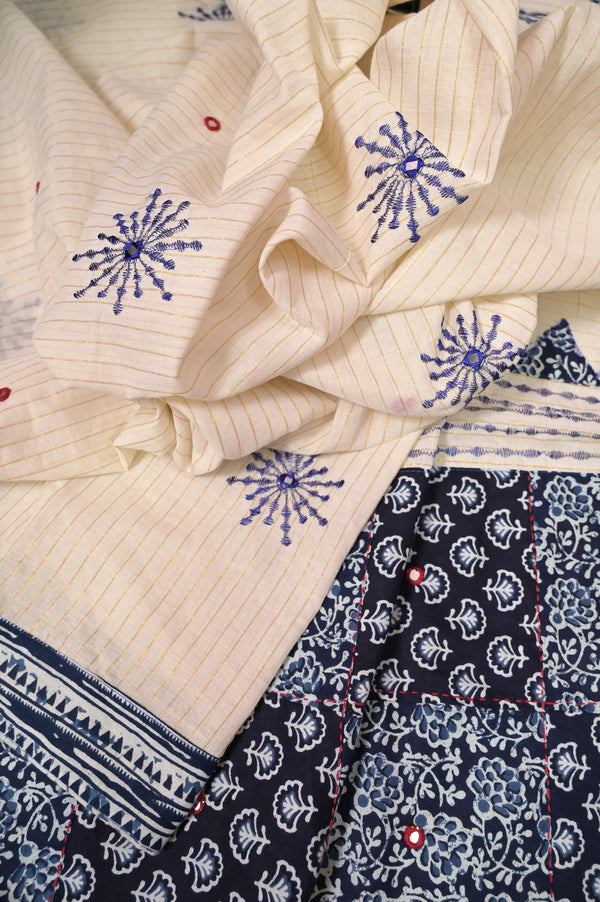 Bengal Cotton Saree in Offwhite Color with Allover Zari Stripes and Applique with Embroidery and Mirror Work