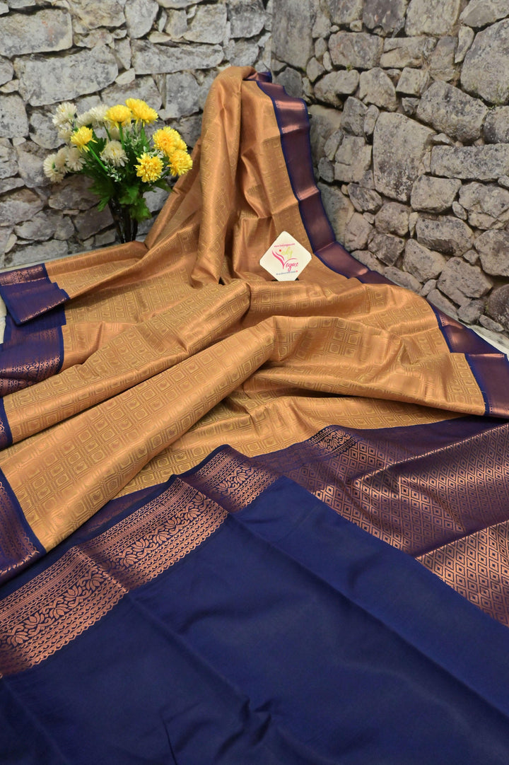 Biscuit Color South Silk Saree with Brocade and Copper Zari Check Pattern Work
