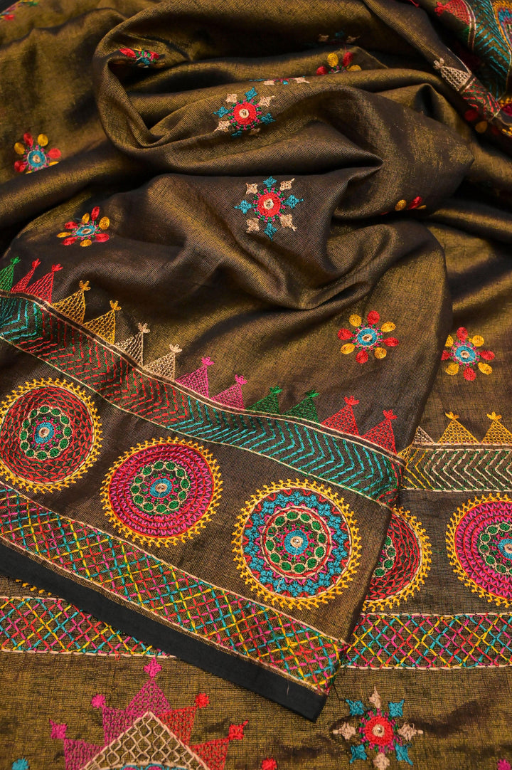 Black and Antique Golden Color Cotton Tissue Saree with Lambani Embroidery