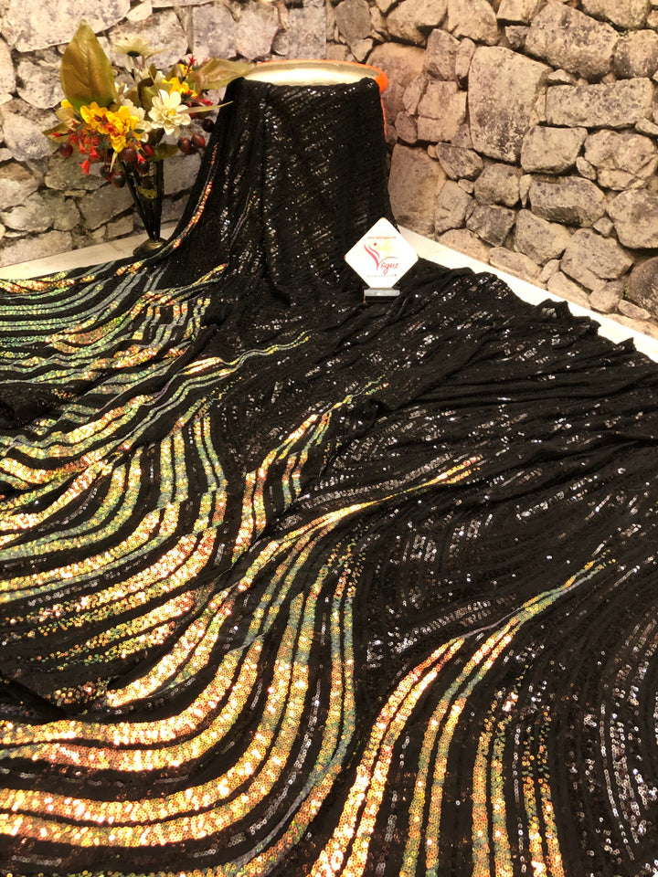 Black and Golden Color Designer Net Saree with Sequin Work Allover