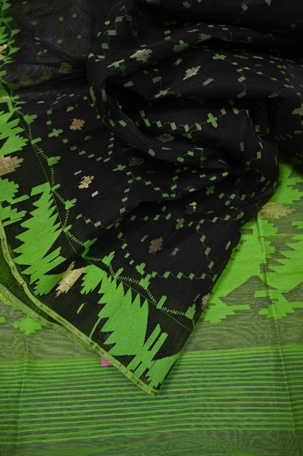 Black and Green Color Bangladeshi Jamdani Saree with Copper Zari Work
