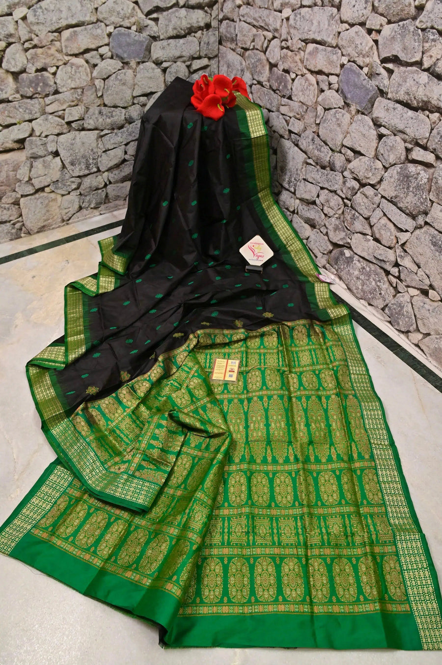 Black and Green Color Pure Bomkai Silk Saree with Allover Green Butta Resham Work