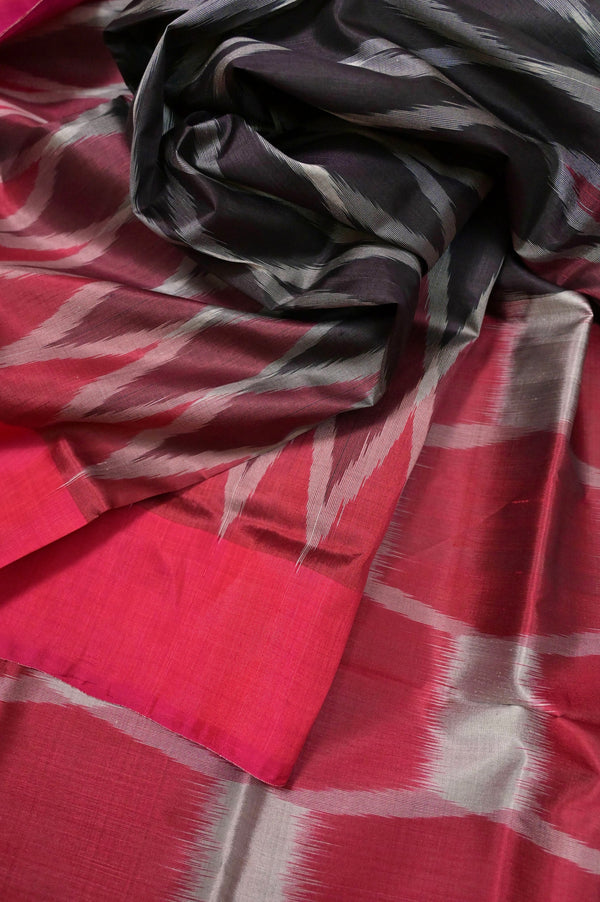 Black and Maroonish Magenta Color Pure Bishnupur Silk Saree with Allover Ikat Weaving
