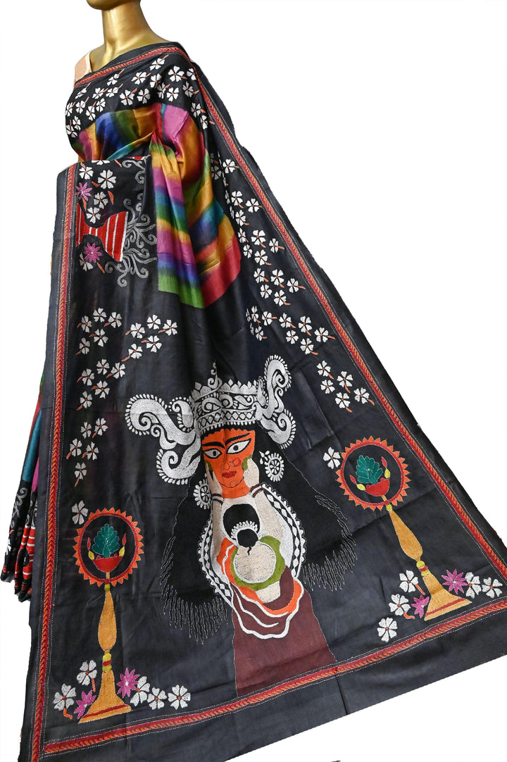 Black and Multicolor Pure Gachi Tussar with Brush Paint and Kantha Stitch Work and Durga Aanchal