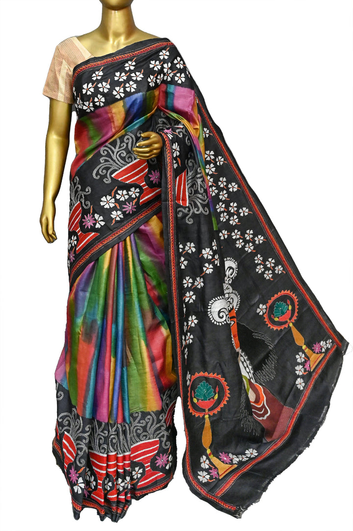 Black and Multicolor Pure Gachi Tussar with Brush Paint and Kantha Stitch Work and Durga Aanchal