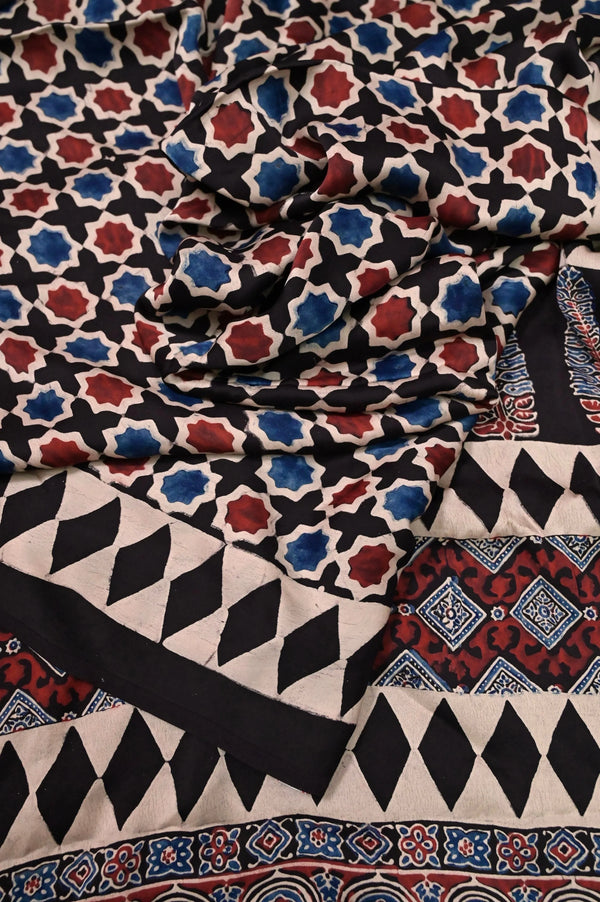 Black and Multicolored Modal Silk Saree with Pure Ajrakh Hand Block Print Work
