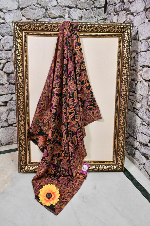 Black and Multicolored Pure Pashmina Shawl with Allover Kani Weaving