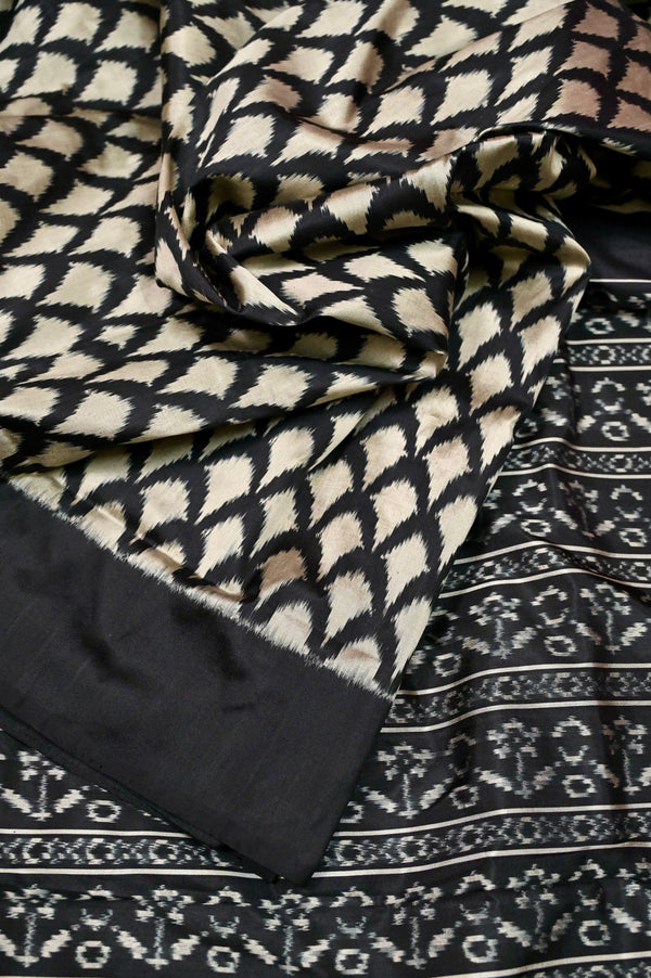 Black and Offwhite Color Ikat Silk with Allover Weaving