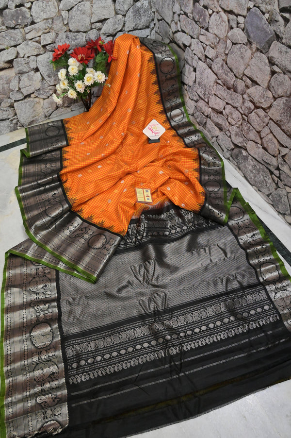 Black and Orange Color Gadwal Silk Saree with Allover Checks