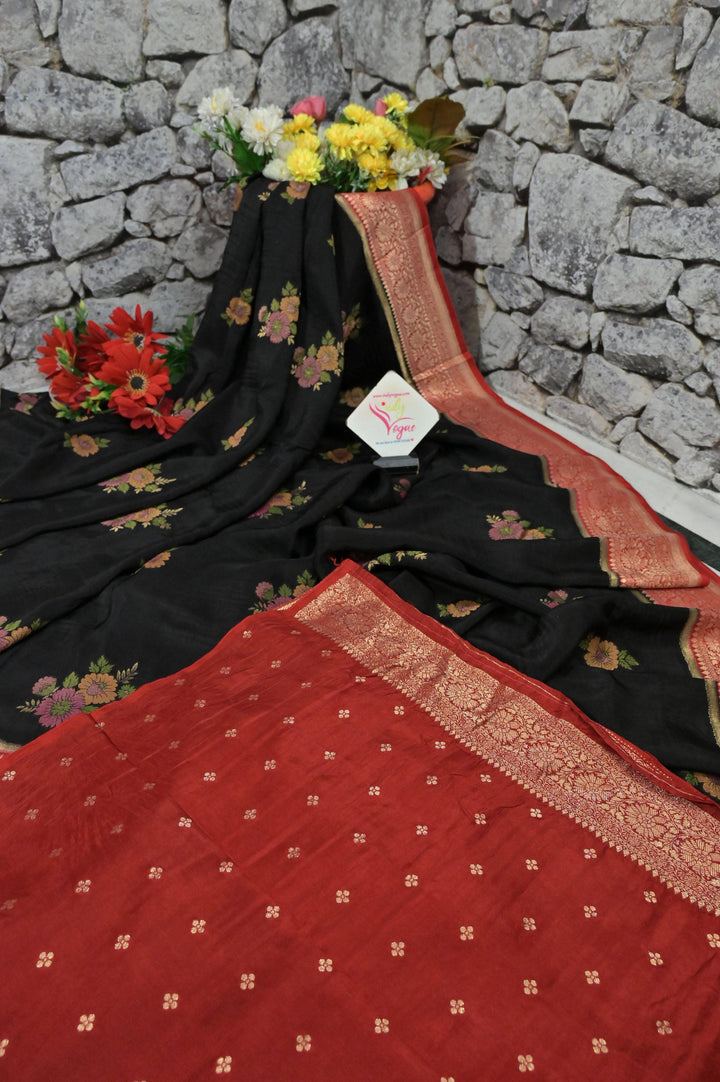 Black and Red Color Muga Banarasi Silk Saree