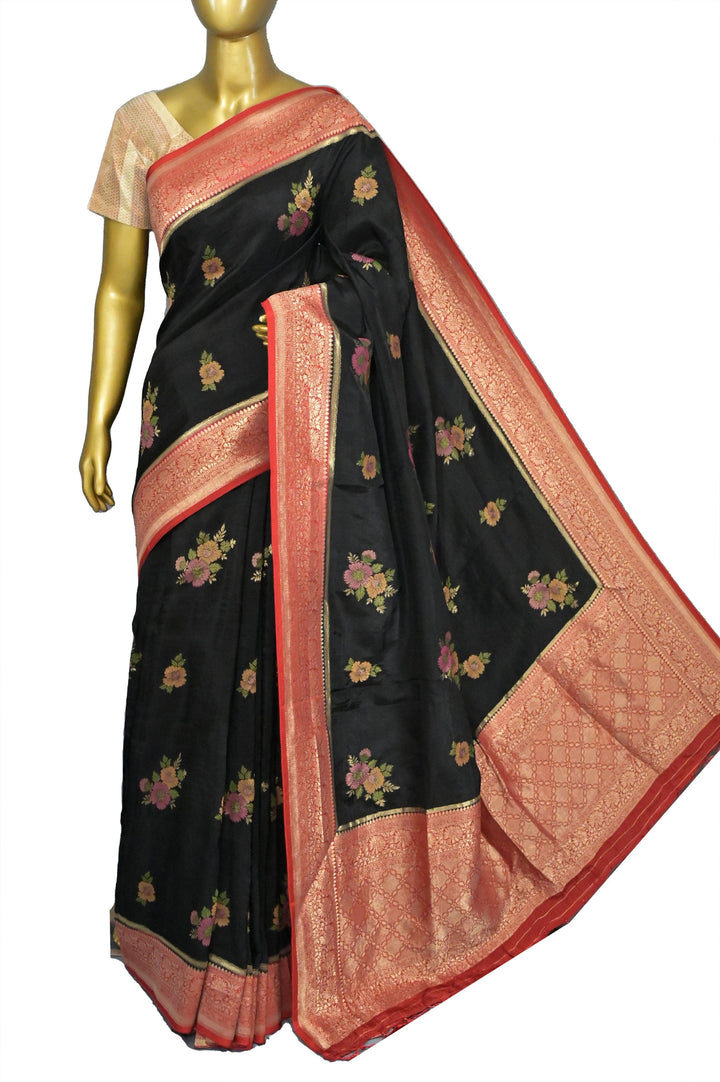 Black and Red Color Muga Banarasi Silk Saree