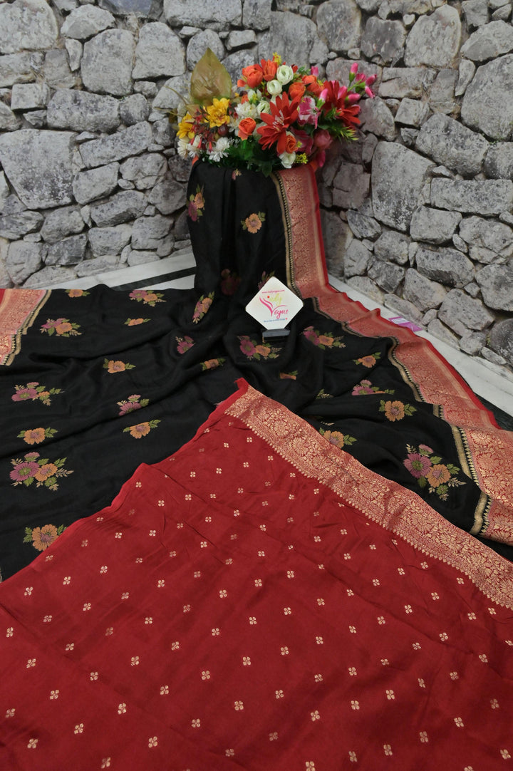 Black and Red Color Muga Banarasi with Allover Meenakari Buta and Golden Zari Border