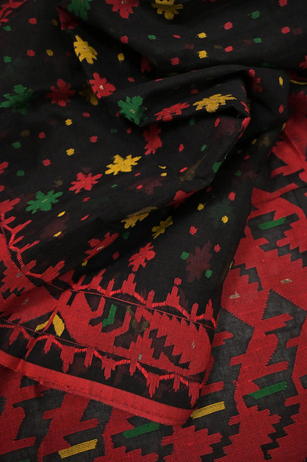 Black and Red Color Pure Bangladeshi Jamdani Saree with Allover Multicolored Weaving