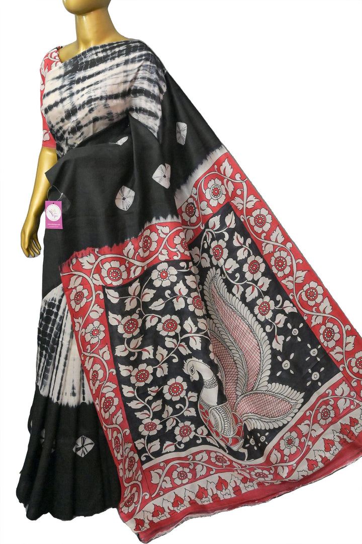 Black and Red Color Pure Bishnupur Silk Saree with Hand Shibori and Hand Kalamkari Work