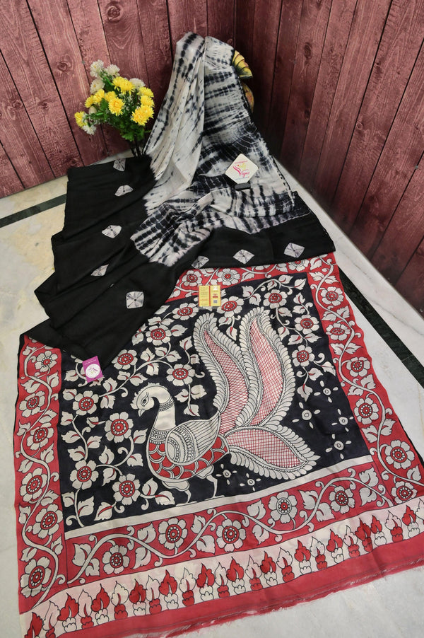 Black and Red Color Pure Bishnupur Silk Saree with Hand Shibori and Hand Kalamkari Work