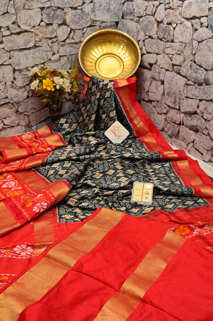 Black and Red Color Pure Ikat Silk Saree with Broad Border