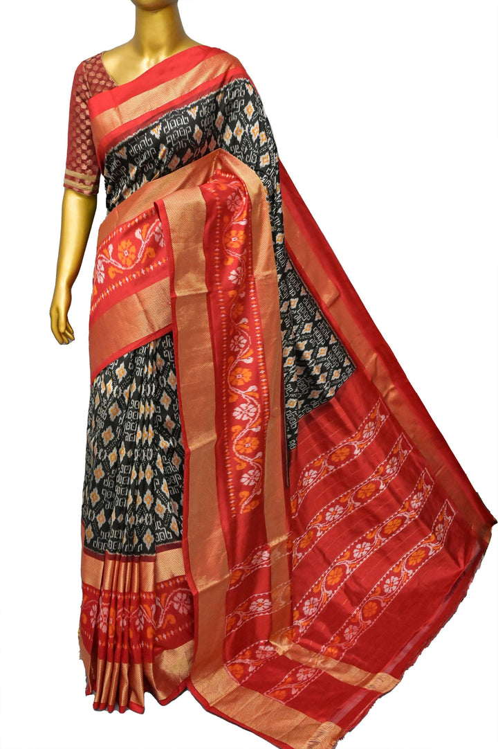 Black and Red Color Pure Ikat Silk Saree with Broad Border