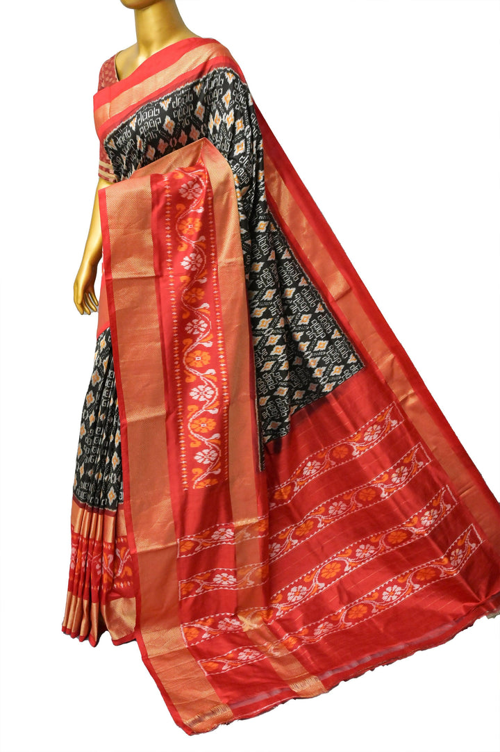 Black and Red Color Pure Ikat Silk Saree with Broad Border