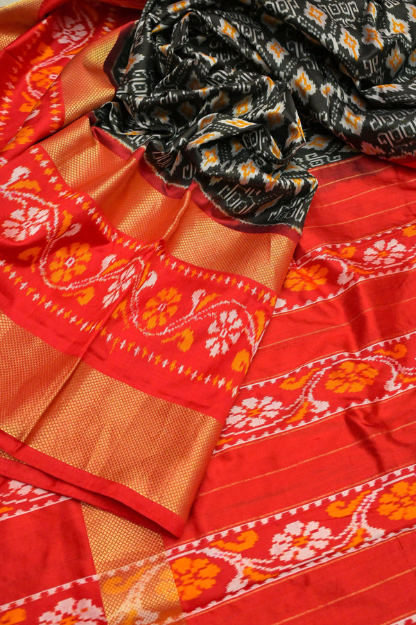 Black and Red Color Pure Ikat Silk Saree with Broad Border