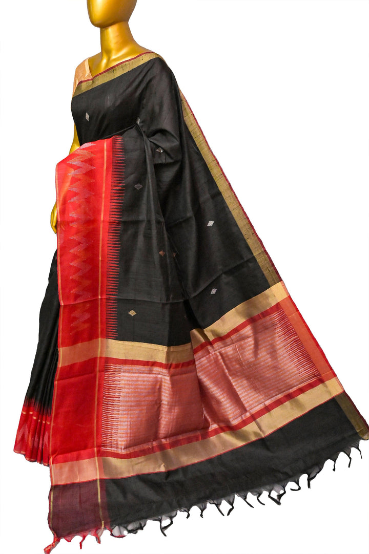 Black and Red Color Pure Raw Silk Saree with Butta Work