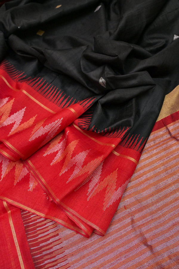 Black and Red Color Pure Raw Silk Saree with Butta Work