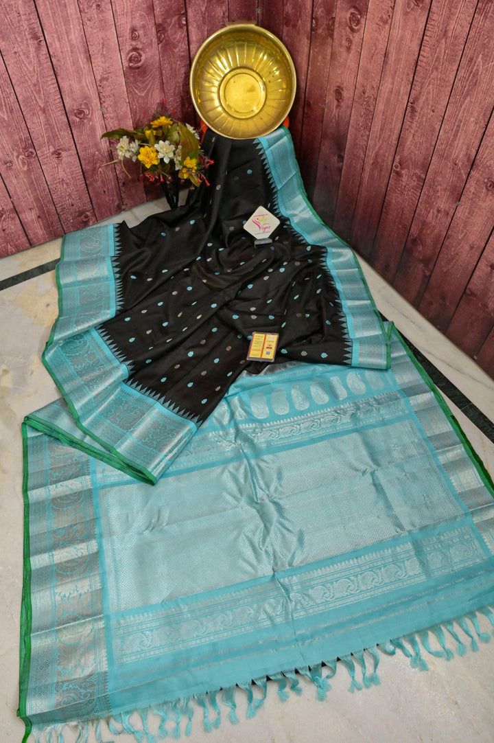 Black and Sky Blue Color Pure Gadwal Silk Saree with Silver Zari Work