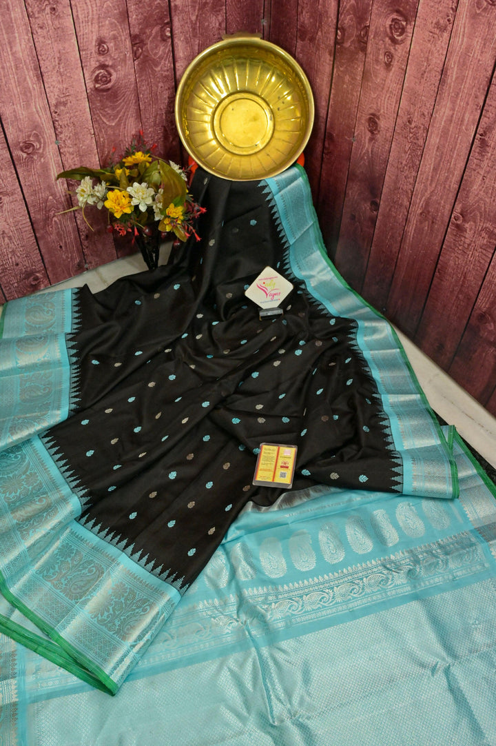 Black and Sky Blue Color Pure Gadwal Silk Saree with Silver Zari Work