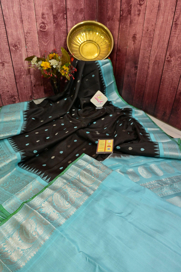 Black and Sky Blue Color Pure Gadwal Silk Saree with Silver Zari Work