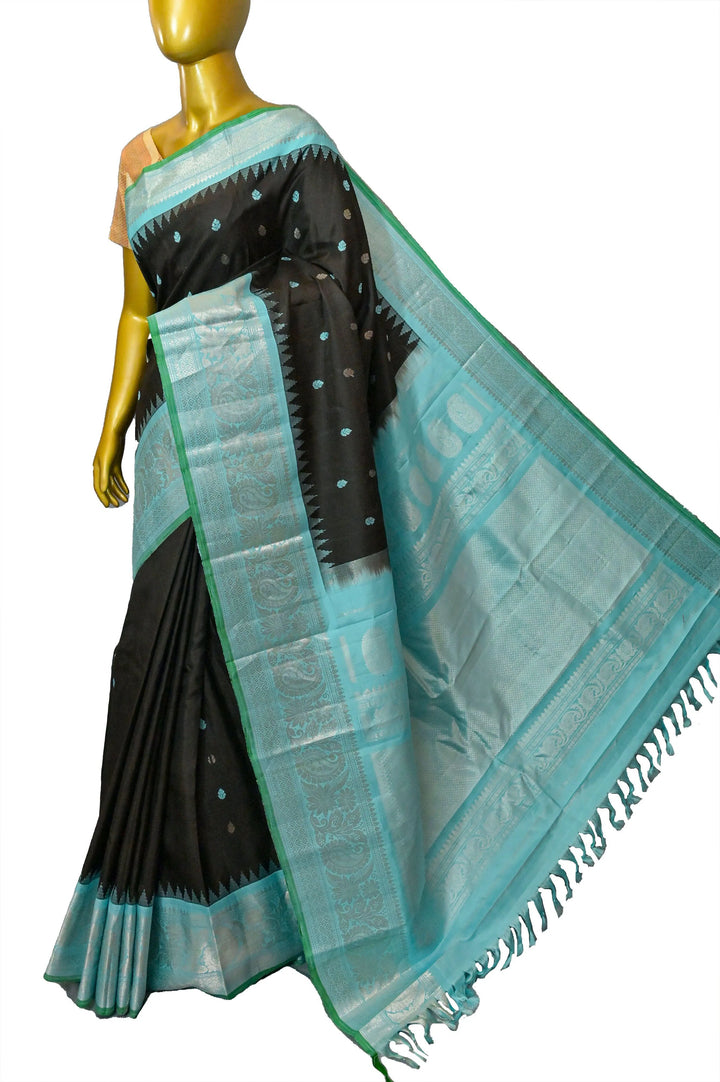Black and Sky Blue Color Pure Gadwal Silk Saree with Silver Zari Work