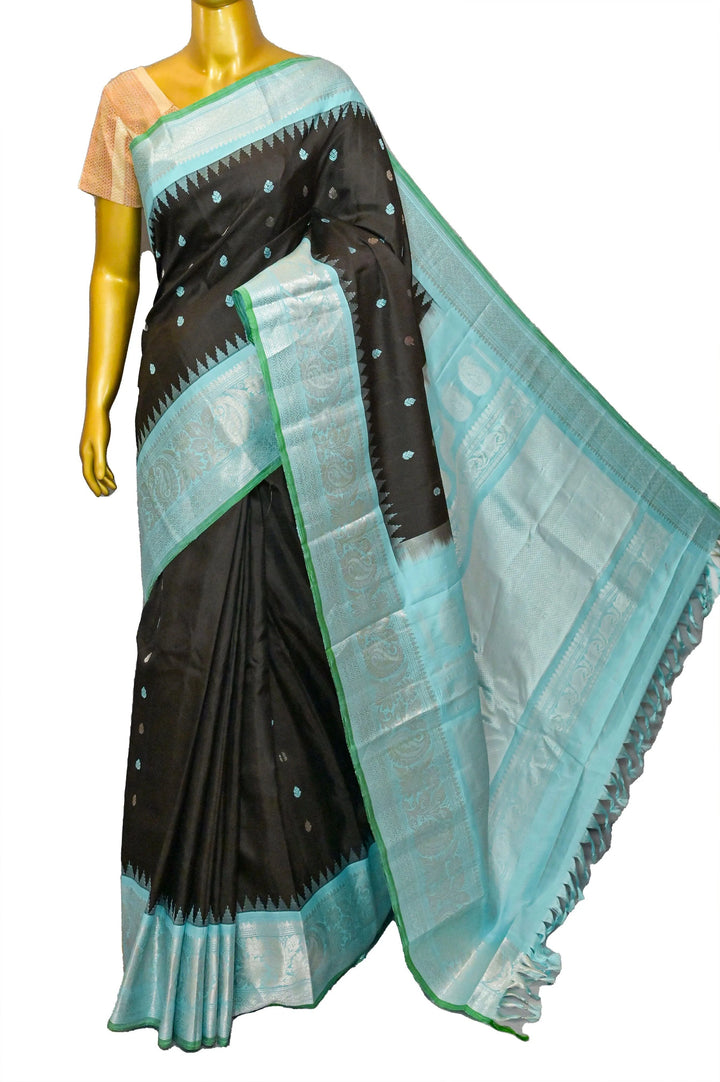 Black and Sky Blue Color Pure Gadwal Silk Saree with Silver Zari Work