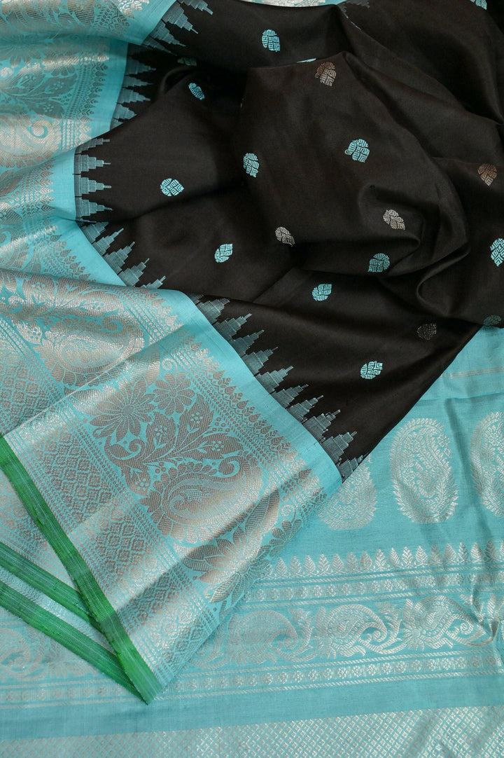 Black and Sky Blue Color Pure Gadwal Silk Saree with Silver Zari Work