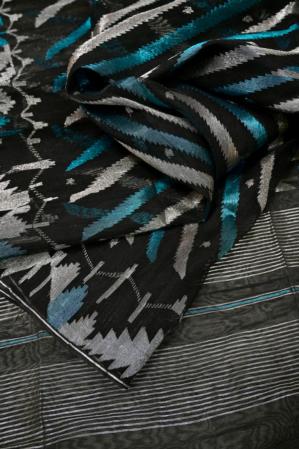 Black and Teal Blue Color Bangladeshi Jamdani Saree with Silver Zari Stripes