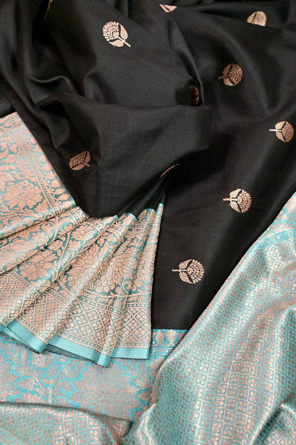 Black and Turquoise Blue Color Pure Katan Banarasi Silk Saree with Allover Golden Buti