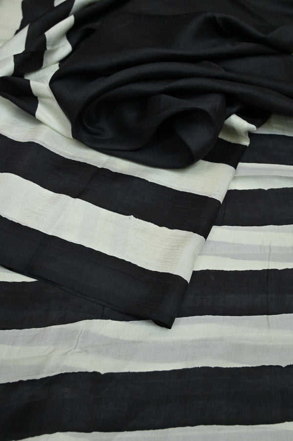 Black and White Color Pure Bishnupur Silk Saree with Hand Block Print