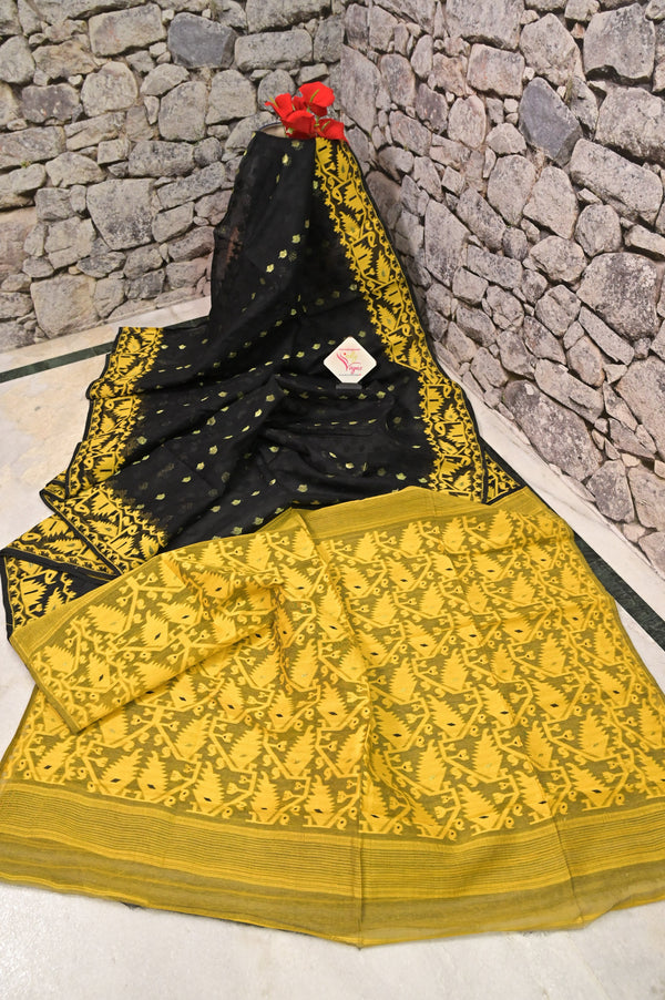 Black and Yellow Color Jamdani Saree with Allover Jamdani Weaving