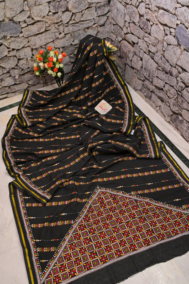 Black Color Bangladeshi Cotton Saree with Multicolor Kantha Stitch Work