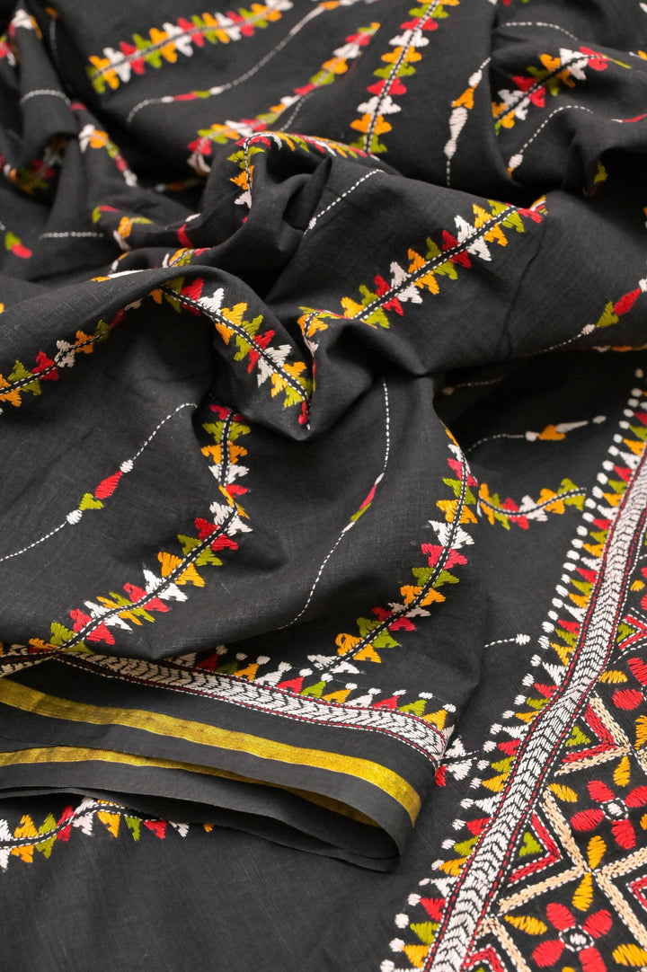 Black Color Bangladeshi Cotton Saree with Multicolor Kantha Stitch Work