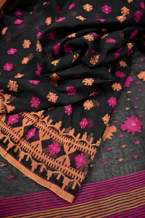 Black Color Bangladeshi Jamdani Saree with Ganga Jamuna Border