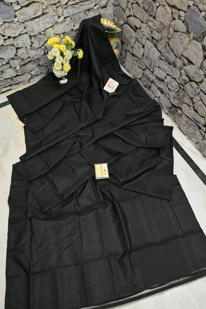 Black Color Bishnupur Katan Silk Saree with Hand Batik Blouse Piece