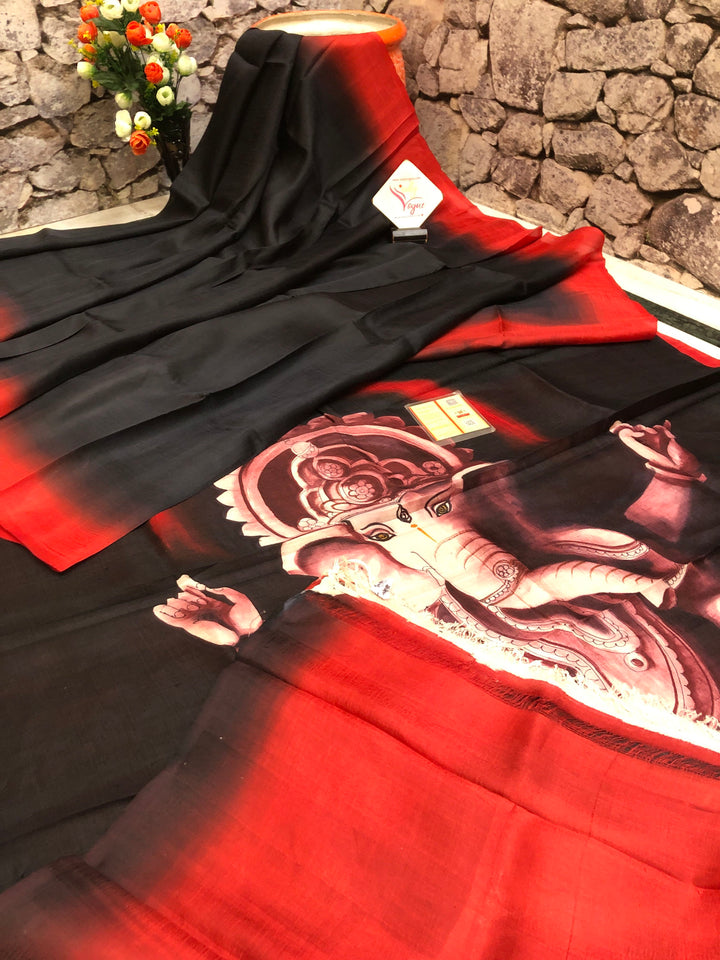 Black Color Bishnupur Katan Silk with Ganesha Hand Painting