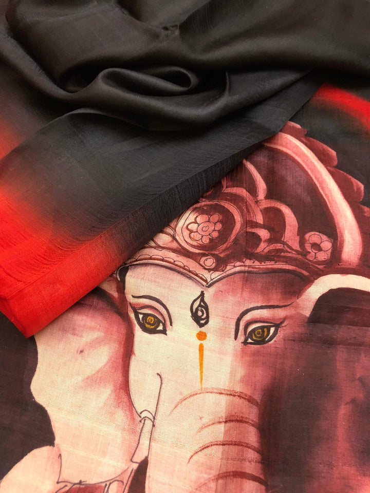 Black Color Bishnupur Katan Silk with Ganesha Hand Painting