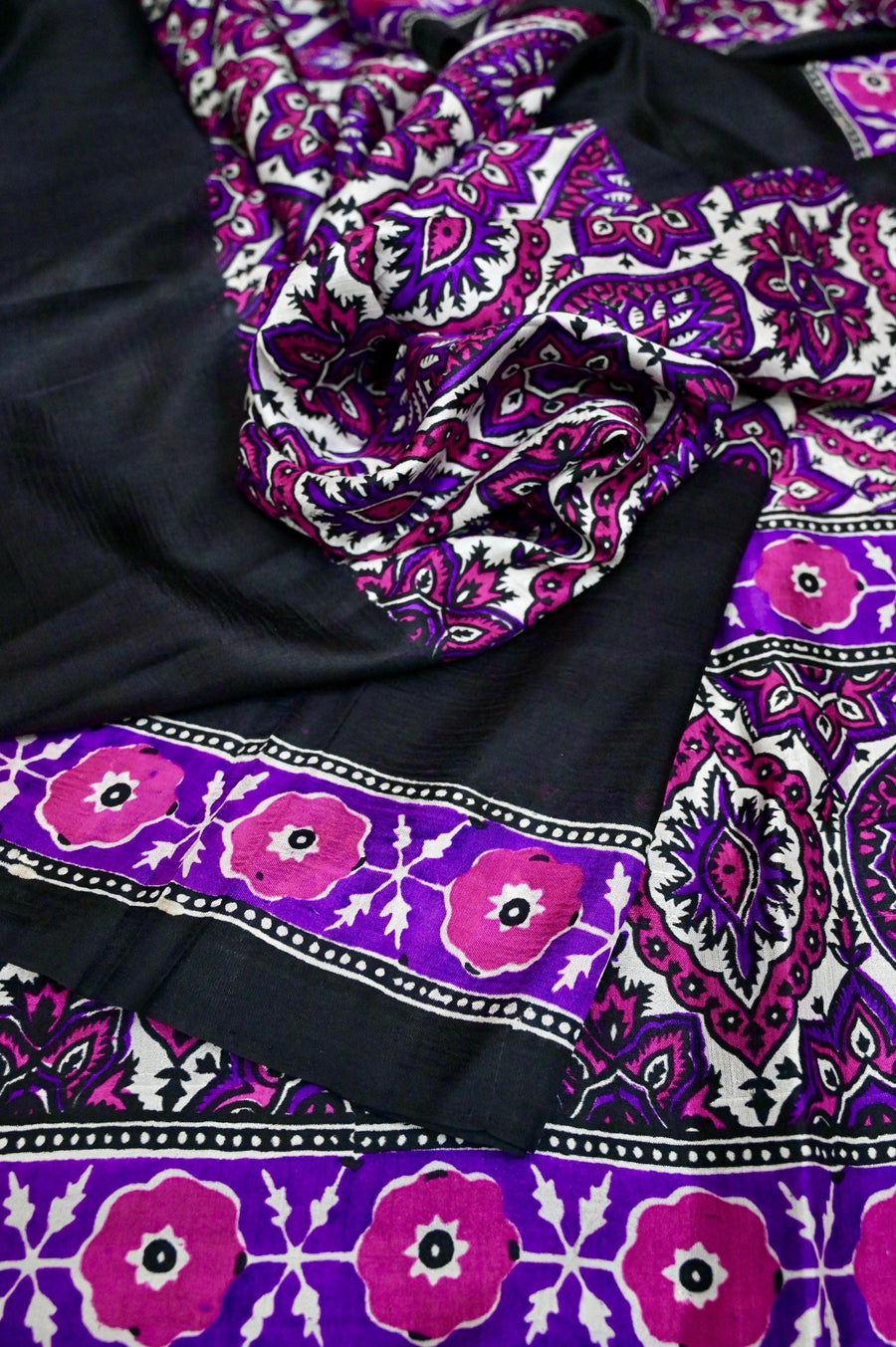 Black Color Bishnupur Silk Saree with Ajrakh Hand Block Print
