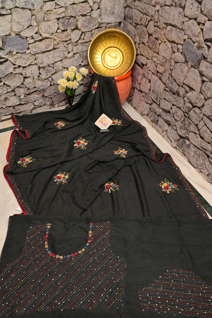 Black Color Chinon Silk with Bullion Hand Embroidery and Sequin Work with Piping Border