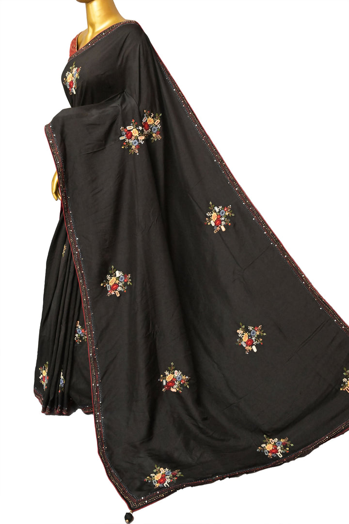 Black Color Chinon Silk with Bullion Hand Embroidery and Sequin Work with Piping Border