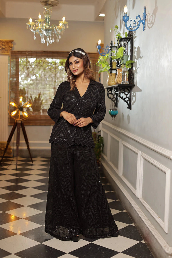Black Color Designer Georgette Co-Ord Tunic Set with Chikankari Work