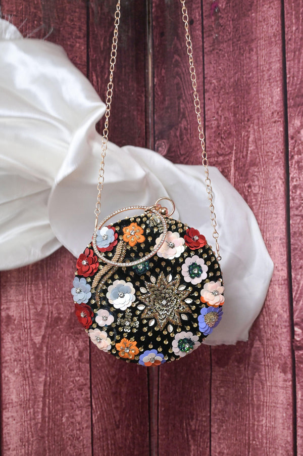 Black Color Designer Handbag with Embroidery Work with Stone Work on Handle